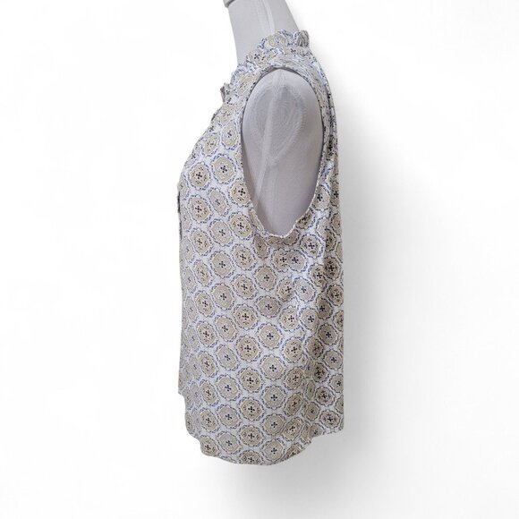 LOFT Size XL White with Blue, Tan & Yellow Medallion Pattern Sleeveless Blouse - Picture 3 of 12